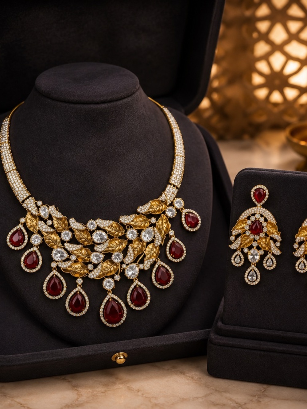Gold-Tone Necklace and Earring Set with Red Teardrop Stones